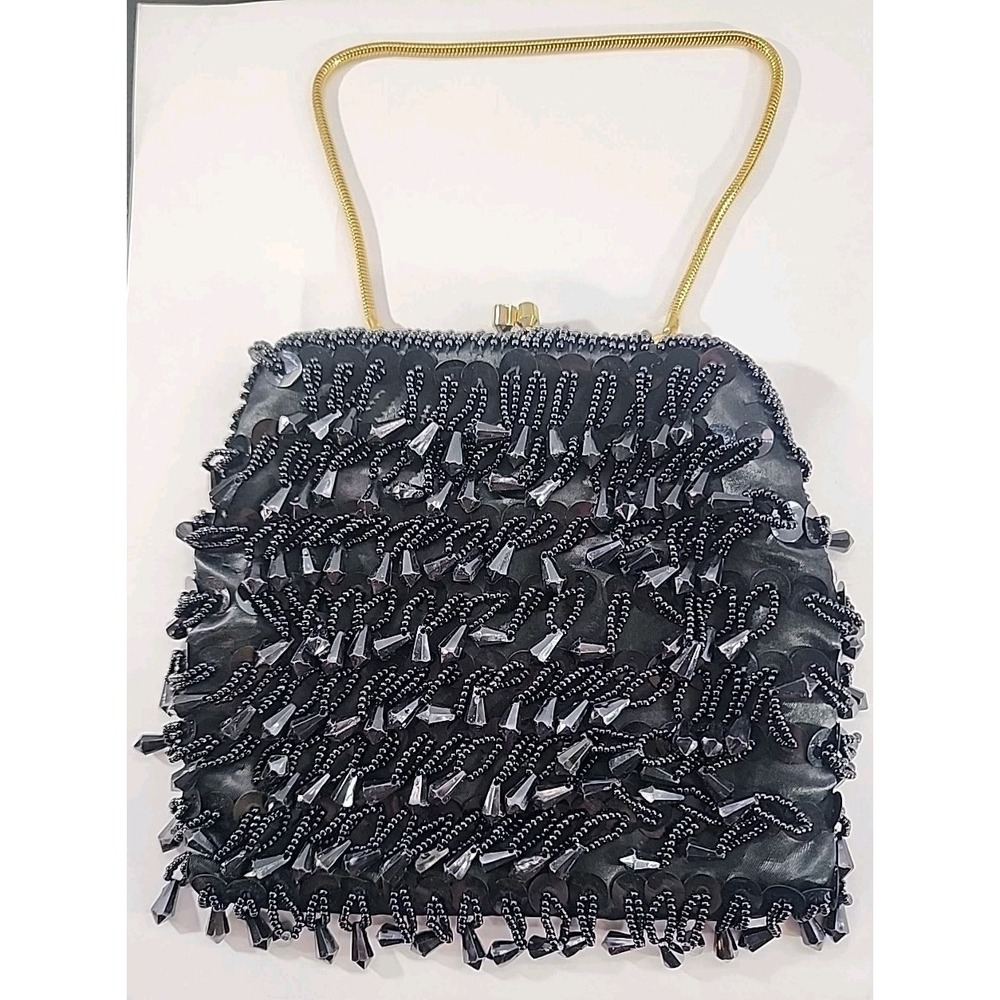 Vintage Black Beaded Kisslock Evening‎ Purse  Made In Hong Kong